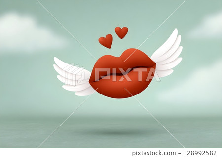 Creative illustration of red lips with white wings and two floating hearts on a soft pastel background. Symbolizes love, freedom, and imagination in a whimsical and captivating style. 128992582