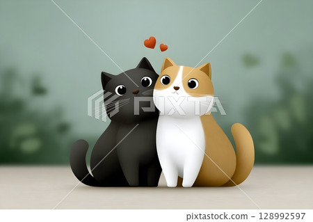 Cute illustration of two adorable cats sitting close together with hearts above them. The black and orange feline pair exudes warmth and companionship, making it perfect for love. Cute illustration of two adorable cats sitting close together with hearts above them. The black and orange feline pair exudes warmth and companionship, making it perfect for love. 128992597