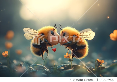 Enchanting image of two fluffy bees facing each other amidst glowing flowers in a magical light. A heart symbolizes their connection, ideal for themes of nature and harmony. 128992600