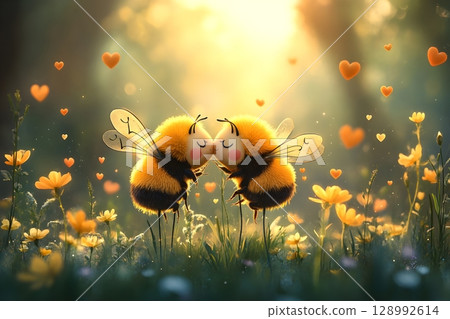 Charming illustration of two cute bees kissing in a sunlit meadow surrounded by flowers and floating hearts. Perfect for themes of romance, nature, and whimsy. 128992614
