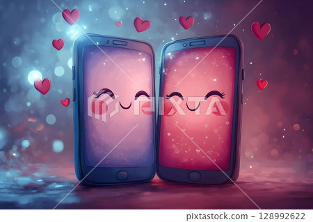 A delightful illustration of two smartphones with smiling faces, surrounded by floating hearts. The vibrant bokeh background enhances the theme of love and digital connection. 128992622