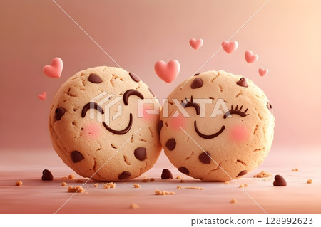 A cute illustration of two smiling chocolate chip cookies with blushing cheeks, surrounded by floating hearts. The warm, pink background enhances the sweet and loving theme. A cute illustration of two smiling chocolate chip cookies with blushing cheeks, surrounded by floating hearts. The warm, pink background enhances the sweet and loving theme. 128992623