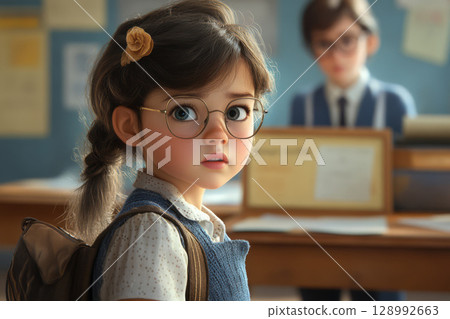 A nine year old girl wearing glasses in a classroom with her classmates at school 128992663