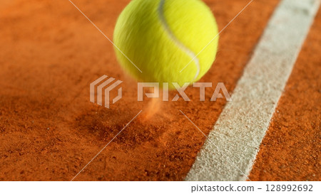 Freeze Motion Detail Shot of Tennis Ball Hitting a Clay Court Freeze Motion Detail Shot of Tennis Ball Hitting a Clay Court 128992692