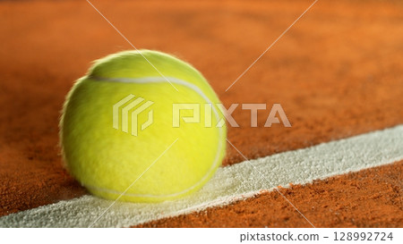 Freeze Motion Detail Shot of Tennis Ball Hitting a Clay Court Freeze Motion Detail Shot of Tennis Ball Hitting a Clay Court 128992724
