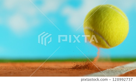 Freeze Motion Detail Shot of Tennis Ball Hitting a Clay Court Freeze Motion Detail Shot of Tennis Ball Hitting a Clay Court 128992737