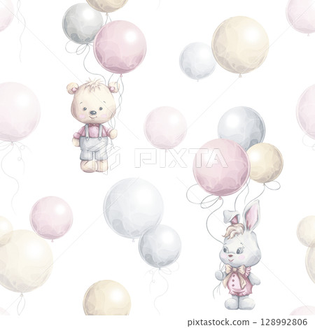 Seamless pattern with bear and bunny holding pastel balloons. Soft flying balloons and animals in gentle colors. Hand painted watercolor illustration. Perfect for baby decor, fabric, wallpapers Seamless pattern with bear and bunny holding pastel balloons. Soft flying balloons and animals in gentle colors. Hand painted watercolor illustration. Perfect for baby decor, fabric, wallpapers 128992806