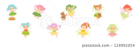 Cute Fairy Character in Pretty Dress with Wings Vector Set 128992854