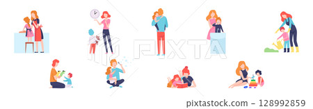 Mom, Dad and Little Kid Spending Time Together Vector Set 128992859