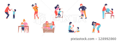 Mom, Dad and Little Kid Spending Time Together Vector Set Mom, Dad and Little Kid Spending Time Together Vector Set 128992860