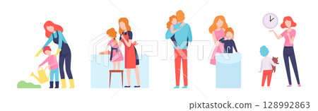 Mom, Dad and Little Kid Spending Time Together Vector Set 128992863