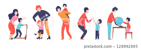 Mom, Dad and Little Son Spending Time Together Vector Set Mom, Dad and Little Son Spending Time Together Vector Set 128992893
