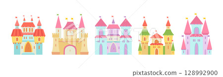 Little Princess Royal Castle with Tower and Flags Vector Set Little Princess Royal Castle with Tower and Flags Vector Set 128992900