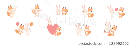 Pretty Little Bunny and Fox Cub Playing Together as Best Friends Vector Set 128992902