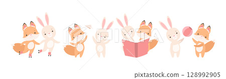 Pretty Little Bunny and Fox Cub Playing Together as Best Friends Vector Set 128992905