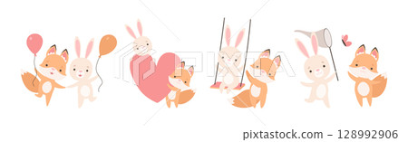 Pretty Little Bunny and Fox Cub Playing Together as Best Friends Vector Set 128992906