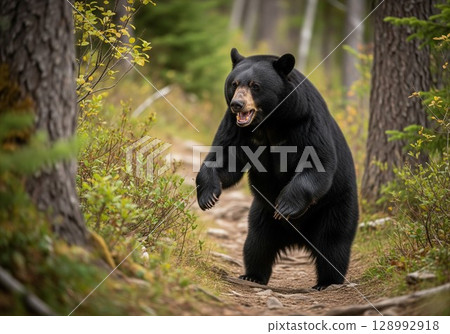 (AI generated) Image of an encounter with a black bear on a mountain trail (AI generated) Image of an encounter with a black bear on a mountain trail 128992918