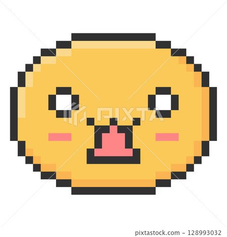 Surprised kawaii emoji emoticon vector pixel art, yellow and black outline 8 bit pixelated astonished face with wow eyes 128993032