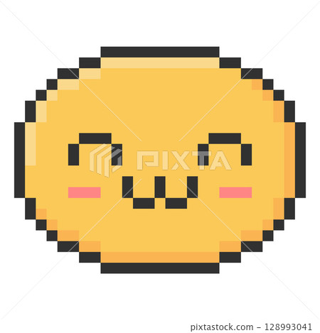 Happy kawaii emoji emoticon vector pixel art, yellow and black outline 8bit smile face, cute funny positive retro avatar 128993041