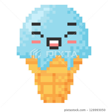Ice cream in wafer cone happy face kawaii emoji emoticon pixel art, vector 8 bit retro frozen dessert laugh expression Ice cream in wafer cone happy face kawaii emoji emoticon pixel art, vector 8 bit retro frozen dessert laugh expression 128993050