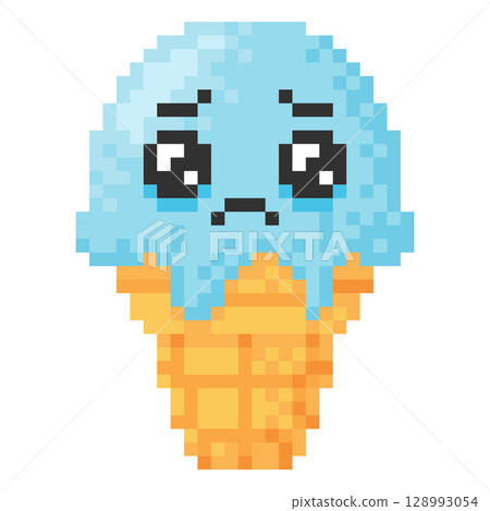 Ice cream in wafer cone sad face kawaii emoji emoticon pixel art, vector 8bit retro frozen dessert excitement expression 128993054