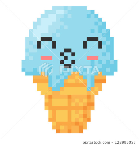 Ice cream in wafer cone kawaii emoji emoticon with kiss lips pixel art, vector 8bit retro frozen dessert love expression 128993055