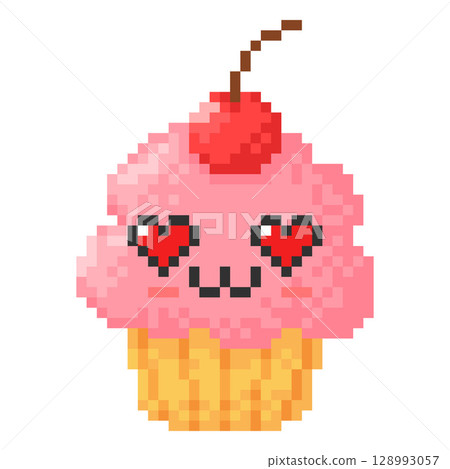 Cute cupcake with cherry berry and heart-shaped eyes, enamored face emoji emoticon pixel art, vector 8 bit love dessert 128993057