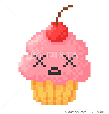 Cute shocked cupcake with cherry berry, kawaii surprised face emoji emoticon pixel art, vector 8 bit dessert cross eyes Cute shocked cupcake with cherry berry, kawaii surprised face emoji emoticon pixel art, vector 8 bit dessert cross eyes 128993060