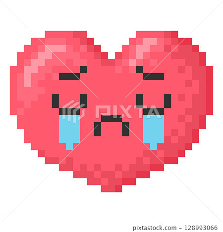 Cry emoji emoticon heart shape face vector pixel art, unhappy sad red face with streams of tears, 8bit retro weep avatar Cry emoji emoticon heart shape face vector pixel art, unhappy sad red face with streams of tears, 8bit retro weep avatar 128993066