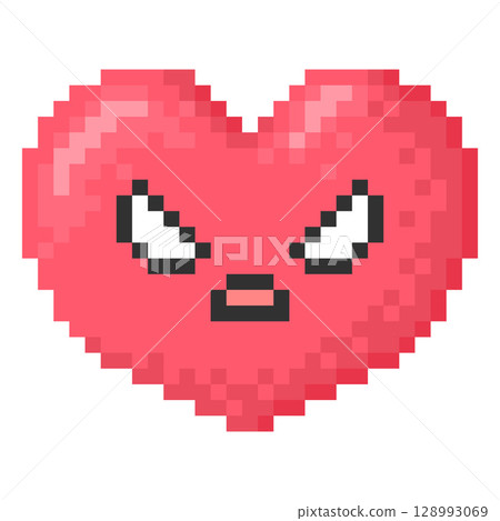 Angry kawaii emoji emoticon heart shape face vector pixel art, 8 bit red evil expression grumpy face with menacing eyes 128993069