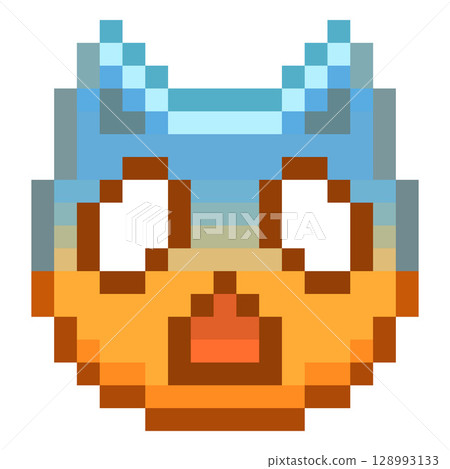 Scared cat emoji emoticon vector pixel art, yellow blue 8 bit game frightened funny muzzle with fear big eyes expression 128993133