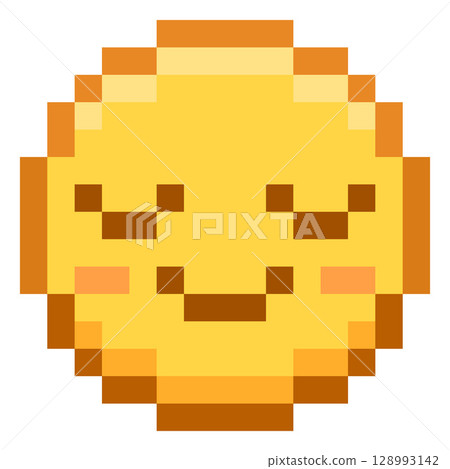 Happy emoji emoticon vector pixel art, yellow 8 bit smile face, cute funny positive retro bitmap video game calm avatar Happy emoji emoticon vector pixel art, yellow 8 bit smile face, cute funny positive retro bitmap video game calm avatar 128993142