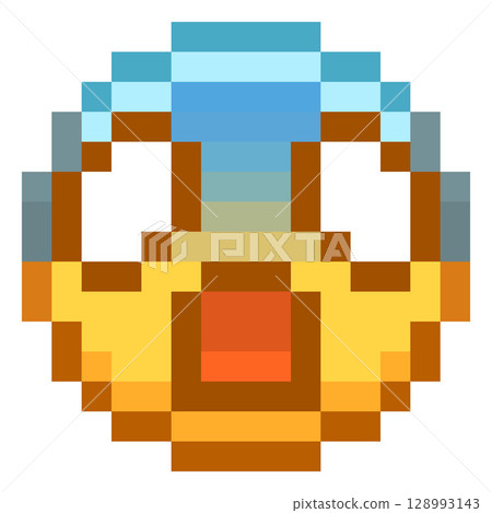 Scared emoji emoticon vector pixel art, yellow blue 8 bit game surprised face with fear big eyes, frightened expression 128993143