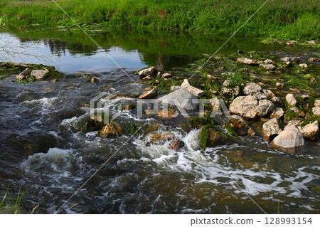 clear stream with rocks and green algae clear stream with rocks and green algae 128993154