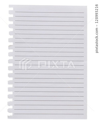Torn-out lined notebook page template isolated on transparent background.. Binder holes on left edge. Empty note paper mockup. Writing, notes, school or organization concept, cut out graphic object 128993216