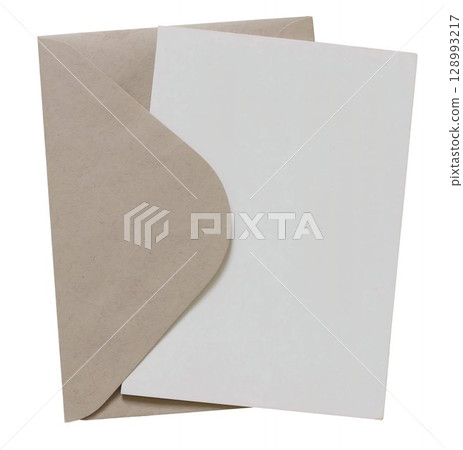 Blank paper greeting card, invitation mockup, brown craft envelope isolated on transparent background. Minimalist birthday, empty wedding stationery template. Flat lay, top view, copy space 128993217
