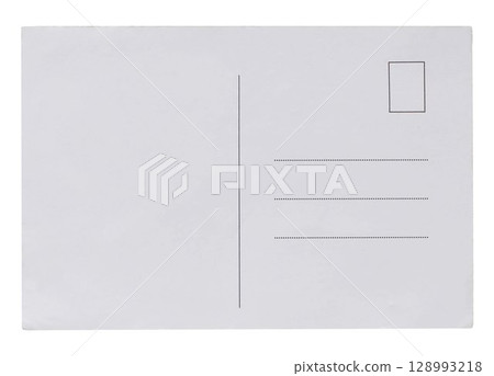 Back of white airmail blank postcard mockup isolated on transparent background. Post, correspondence, mail concept. Empty copy space, business template. Cut out graphic object. 128993218