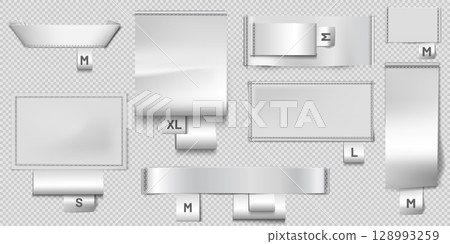 White different textile label sewn vector set, vector realistic cloth fabric tag with size, cotton or silk badge mockup White different textile label sewn vector set, vector realistic cloth fabric tag with size, cotton or silk badge mockup 128993259