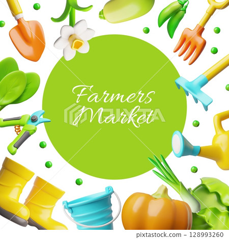 3D poster for a farmers market with a round green frame, garden tools, vegetables, flowers. 128993260