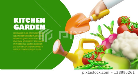 3D banner with green frame for text, vegetables, watering can, hand holding a shovel. 128993261