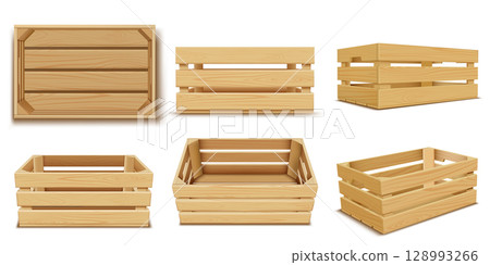 Set of realistic wooden crates from different sides, from the side and from the top. 128993266