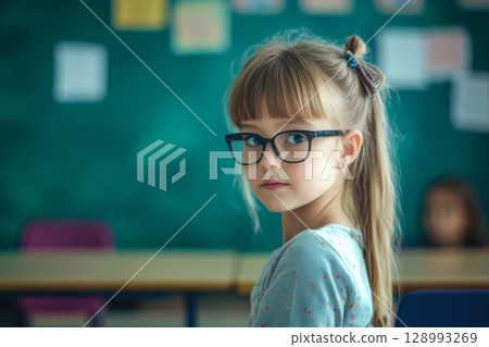 A girl wearing glasses in a classroom with her classmates at school 128993269