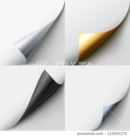 Curled paper corner with black, gold, blue and silver reverse side, vector set of realistic white paper page turn corner 128993270