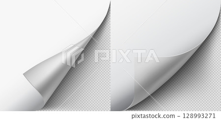 Curled paper corner, white paper page turning corner, realistic pages edge curl and bent sheet with shadow vector set 128993271