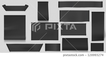 Set of black textile labels of various shapes on transparent background. 128993274