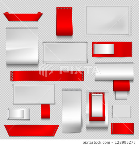 Realistic set of textile labels in red and white colors, various shapes and designs. 128993275