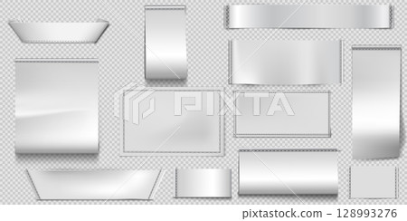 Set of textile labels mockups in different shapes and sizes, white color with decorative stitching. 128993276