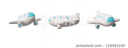 Airplane with blue portholes 3D cartoon vector set, realistic white commercial jet air transport different sides view 128993280