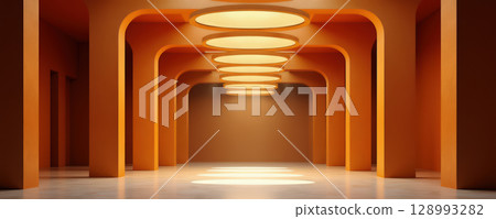 Orange hallway with circular ceiling lights 128993282
