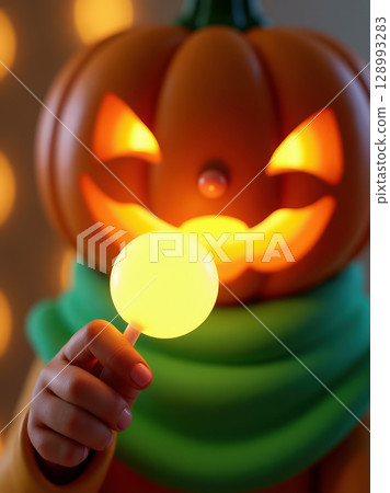 Hand holding lollipop in front of pumpkin Hand holding lollipop in front of pumpkin 128993283
